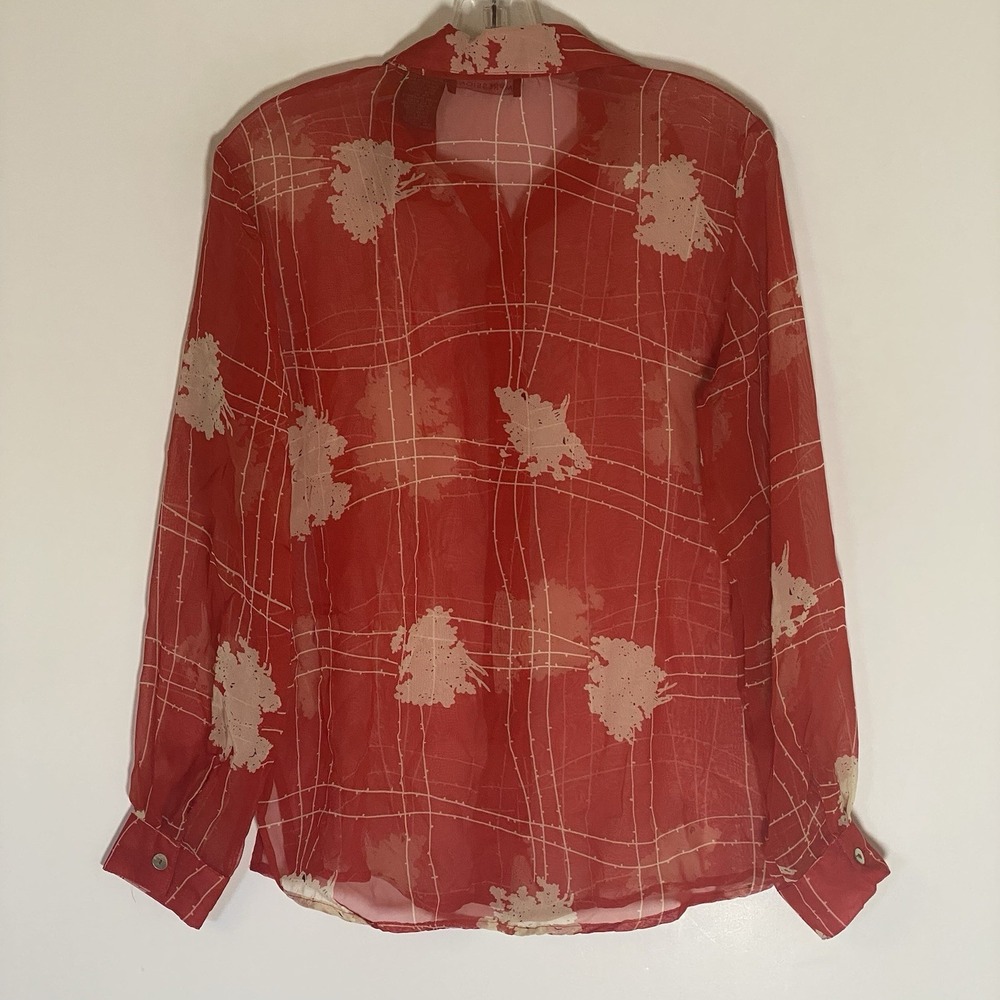 Impressions Top Womens Small Red Multi Abstract Sheer Classy Button Up Dressy S - Picture 14 of 16
